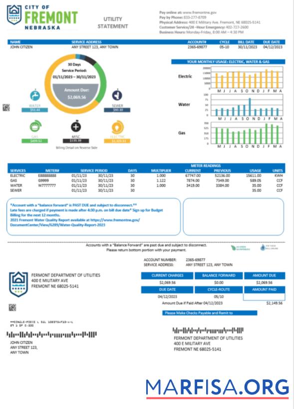 Downloadable USA City of Fremont Nebraska utility bill Word and PDF template